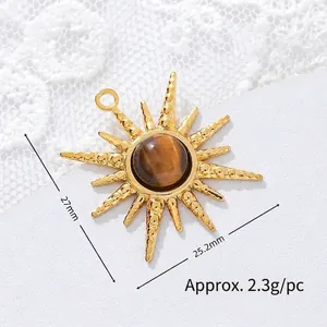 Close-up of 18K gold plated titanium steel sunburst pendant with tiger eye stone