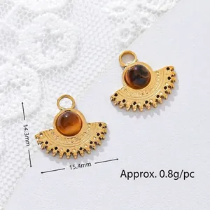 Close-up detail of 18K gold plated tiger eye stainless steel pendant with dimensions