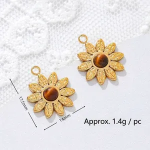 Macro detail of 18K gold plated stainless steel sunflower pendant with tiger eye stone