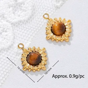 Close-up detail of tiger eye stone sunburst pendant with 14.5mm x 12.1mm size markings