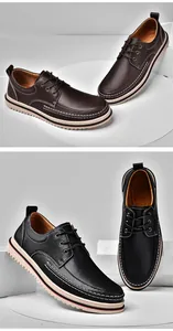 Men's leather business shoes in brown and black with textured finish and thick soles.