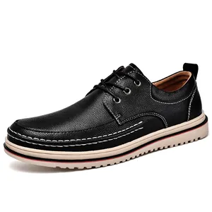 Black men's business casual leather shoes with white stitching in British style