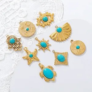 Detailed view showing variety of turquoise and 18K gold-plated stainless steel DIY pendants