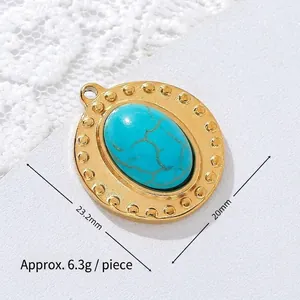 Detail view of a vintage oval turquoise pendant with gold-plated stainless steel beaded border