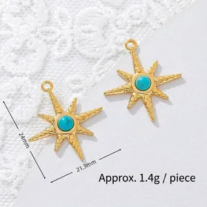 Detailed shot of 18K gold plated star pendants with turquoise and size annotations