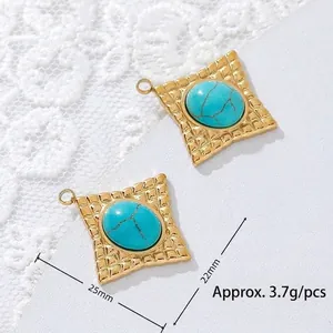 Close-up of square turquoise pendant with 18K gold-plated stainless steel details