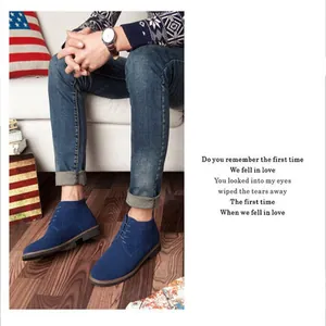 Detailed shot of men's blue suede high-top chukka boots in a lifestyle setting