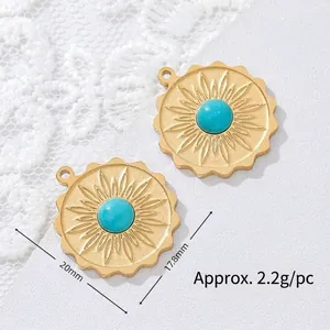 Detailed view of sun-shaped 18K gold plated stainless steel pendants with turquoise centers