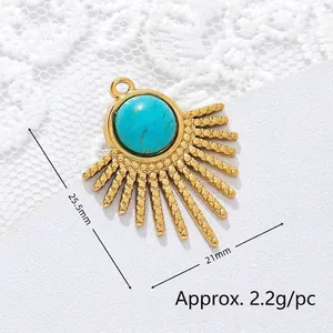 Detail view of turquoise sunburst pendant with 21x25.5mm measurements and weight info.