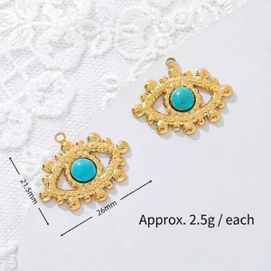 Detailed macro view of turquoise evil eye charms with 26mm and 21.5mm dimensions