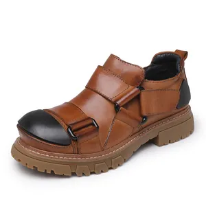 Men's genuine leather casual tooling shoes with black rubber toe and thick lug sole