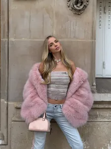 Damen Rosa Fuchspelz-Imitat Kapuzenjacke Langarm Vorne Offen Mantel Mode Süß Warm Außenbekleidung Für Winter Streetwear