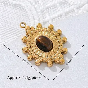 Detailed macro view of tiger eye stone pendant with 18K gold plated stainless steel sunburst.