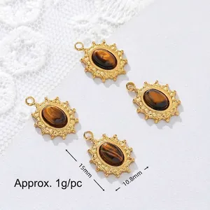 Detailed view of gold-plated tiger's eye pendants with 15mm and 10.8mm measurements.