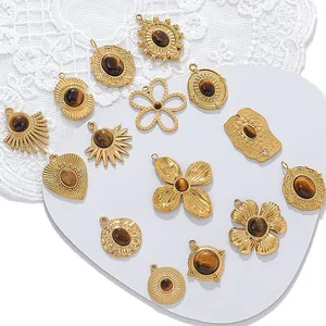 Vintage tiger eye stainless steel pendants with 18K gold plating for DIY jewelry making.