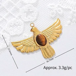 Detailed view of gold-plated bird pendant with tiger eye stone and dimensions