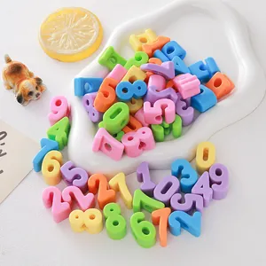Macro detail of colorful 6mm acrylic number beads for DIY jewelry and bracelets.