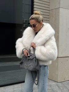 Eleganter weißer Kunstpelzmantel für Damen mit luxuriösem Schalkragen Winter-Streetstyle