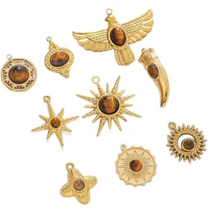 Assorted 18K gold plated titanium steel pendants with tiger eye stone for DIY jewelry