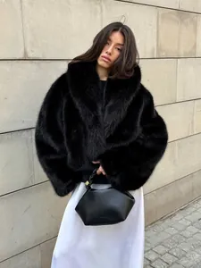 Eleganter schwarzer Kunstpelzmantel mit Schalkragen für Damen, Herbst-Winter-Mode