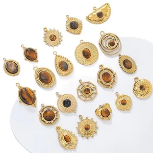 Set of assorted tiger eye stone charms in 18K gold plated stainless steel for DIY jewelry