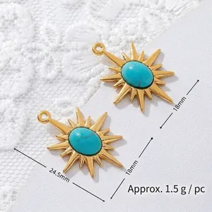 Detailed close-up of 18K gold plated turquoise starburst pendant with measurements