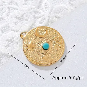 Macro detail of a 18K gold plated turquoise stainless steel pendant with measurements