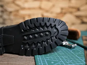 High-quality detailed macro shot of durable non-slip rubber outsole for vintage leather boots