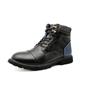 Classic black men's Martin boots with blue accents in vintage British high-top style.