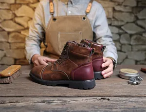 Rustic workshop scene showcasing vintage brown leather Martin boots with side zipper