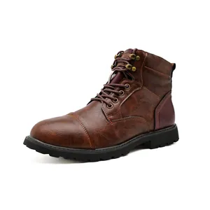 Side profile detail view of men's vintage brown leather high-top Martin boots style