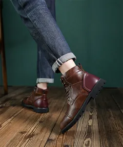 Men's retro high-top leather Martin boots with a brown and burgundy color contrast