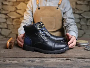 Premium retro British style high-top leather Martin boots for men in black and navy blue