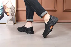 Close-up of men's black slip-on casual leather loafers with breathable texture