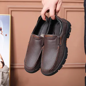 Men's brown cowhide leather slip-on shoes with textured finish for casual business wear