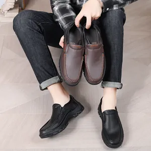 Men's leather slip-on loafers shown in black and brown for casual business wear