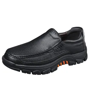 Men's black genuine cowhide leather slip-on shoes with breathable comfort and durable sole.