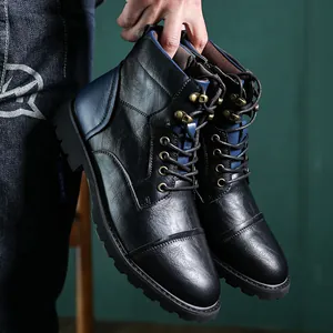 Retro British style men's black Martin boots with blue accents and lace-up design