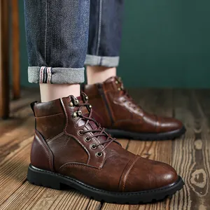 Vintage brown faux leather Martin boots for men featuring high-top lace-up design