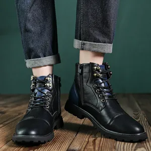 Men's retro British style high-top leather Martin boots in black and navy blue