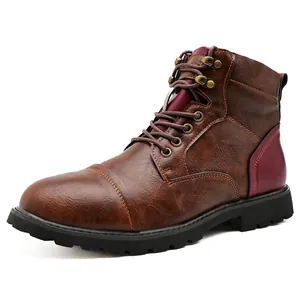 Retro British style brown leather Martin boots for men with lace-up high-top design