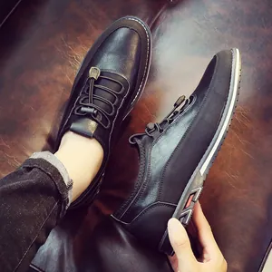 Men's black leather slip-on loafers breathable casual driving shoes with elastic laces.