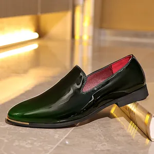 Men's dark green patent leather loafers with gold trim for business formal occasions