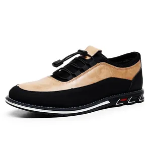 Men's breathable casual slip-on loafers in black and tan with elastic quick-lacing system