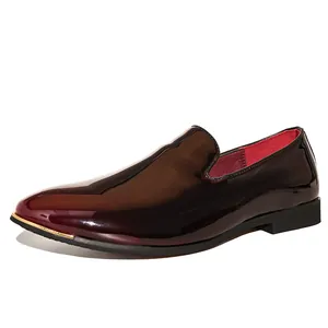 Elegant men's burgundy patent leather business loafers with a stylish gold toe detail