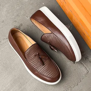 Mocasines con Borlas Informales de Negocios para Hombre Cuero Sintético Textura Trenzada Zapatillas de Deporte Suela Blanca Gruesa Moda Hombre Zapatos Planos