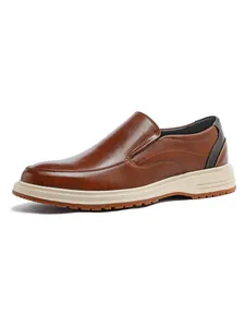 Side profile of a classic brown leather business loafer with a thick durable sole