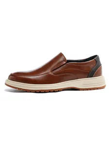 Side profile of men's brown leather loafers with thick cream-colored rubber soles.