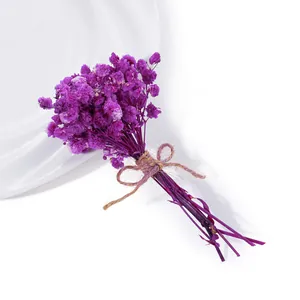 Detailansicht eines lila getrockneten Schleierkraut-Bouquets mit Hanfseil-Bindung