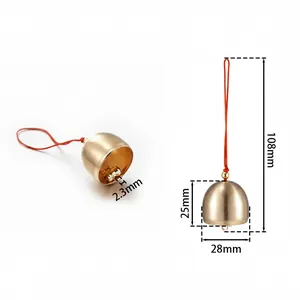 Detailed measurements of a matte brass bell pendant with red cord for DIY jewelry crafts.